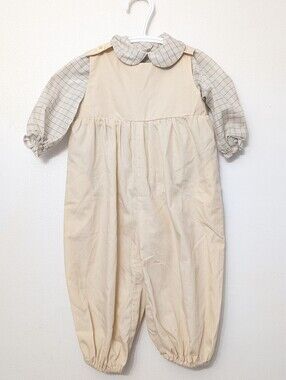 Beige Infant Set Romper with Shirt Plaid Sleeves Handmade Vintage 9-12 M